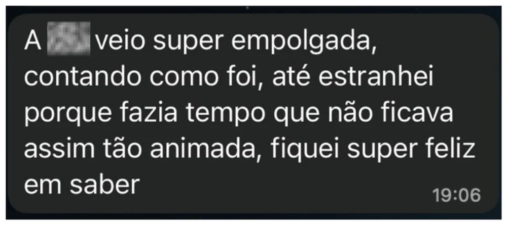 Mensagem de mãe contando que a filha voltou super empolgada da aula