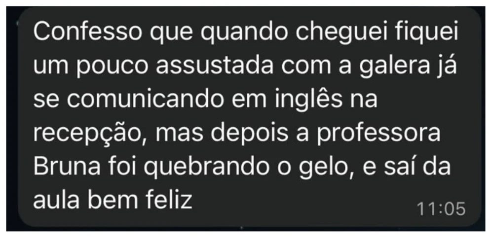 Mensagem de aluna sobre a primeira aula com a professora Bruna