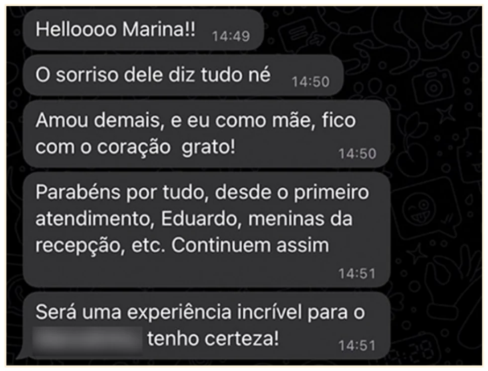 Sequência de mensagens de mãe elogiando o atendimento e a experiência do filho na KNN Pomerode